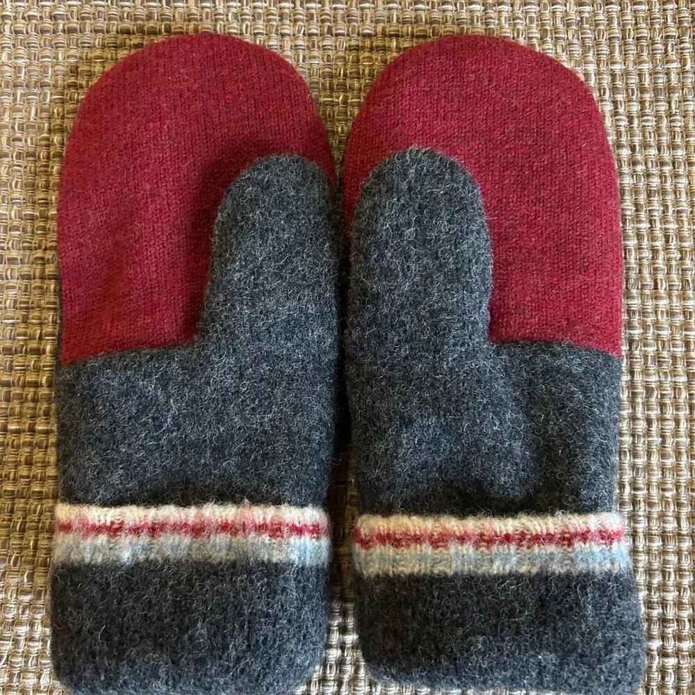 Felted Wool Mittens handcrafted from Repurposed Sweaters - Gray/Brick Red - Picture 2 of 5